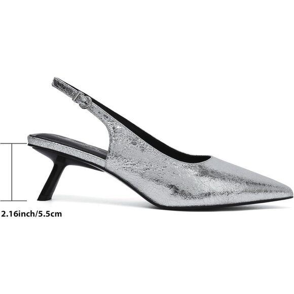 Mostrin Kitten Heel Silver Sh Faux Leather Low Slingback Heels with Buckle - Picture 2 of 9